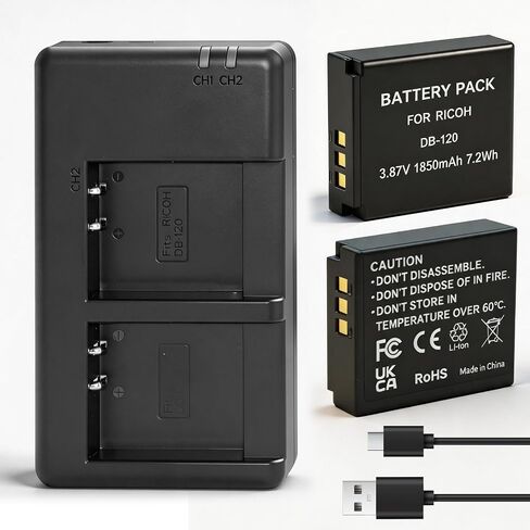 2-Pack DB-120 Battery +Charger Compatible with Ricoh GR IV Camera, Rechargeable Battery for Ricoh GR IV Accessoriesy in Kuwait