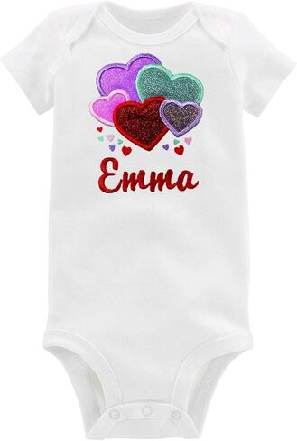 Personalized Embroidered Valentines Day Sparkle Heart Onesie with Your Custom Name (12 Months Short Sleeve) White in Kuwait