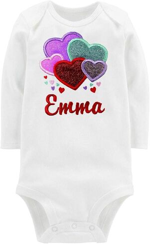 Personalized Embroidered Valentines Day Sparkle Heart Onesie with Your Custom Name (12 Months Short Sleeve) White in Kuwait