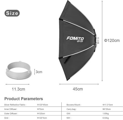 FOMITO 47.2" Octagon Softbox with Bowens Speedring, Quick Release Umbrella Softbox for Studio LED Light, Includes Honeycomb Grid for Light Control in Kuwait