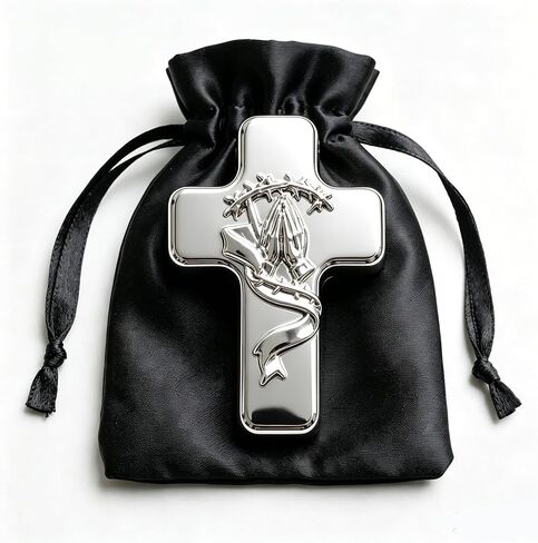 Silver Metal Handheld Prayer Cross with Black Storage Bag, Christian Religious Blessing Cross for Church Ceremony, Ideal Baptism, Christening, First Communion & Church Fellowship Gift for Christians in Kuwait