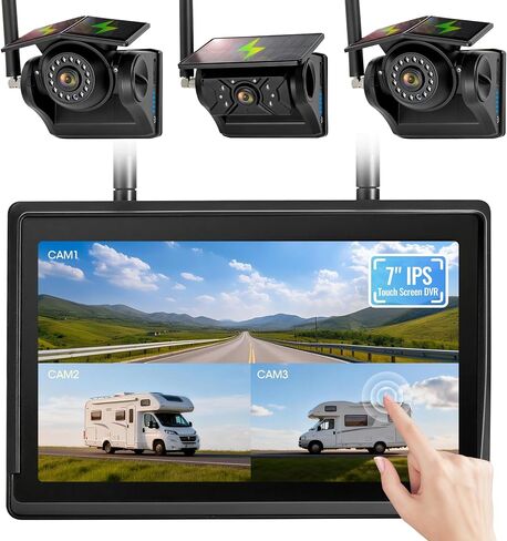 4 Magnetic Solar Wireless Backup Camera System, 7" IPS Touchscreen, 2 Rearview + 2 Sideview Night Vision Cameras for Hitching Trailer Tractor, 4x9600mAh Rechargeable Solar Battery, AH704 in Kuwait