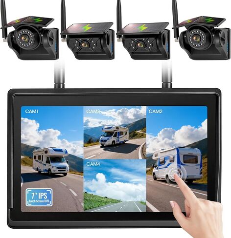 4 Magnetic Solar Wireless Backup Camera System, 7" IPS Touchscreen, 2 Rearview + 2 Sideview Night Vision Cameras for Hitching Trailer Tractor, 4x9600mAh Rechargeable Solar Battery, AH704 in Saudi Arabia