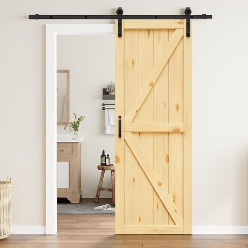 84"x84" Spruce Barn Door with 14FT Track Kit & Handle, Floor Guide, K-Shape | Pre-Drill Holes Double Barn Door For Easy Assembly, Solid Core Wood Sliding Barn Door for Water-Resistant & Sound Reduction in Kuwait