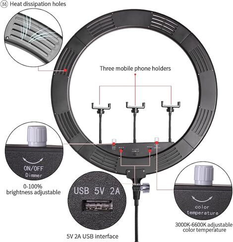 25inch 75W 3000K-6600K Dimmable Bi-Color LED Large Ring Light with Stainless Steel Heavy Duty Photography Light Stand, Soft Tube for Makeup, Selfie, YouTube, Eyebrow, Tattoo, Beauty, Eyelash in Kuwait