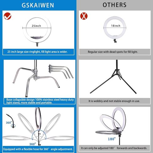 25inch 75W 3000K-6600K Dimmable Bi-Color LED Large Ring Light with Stainless Steel Heavy Duty Photography Light Stand, Soft Tube for Makeup, Selfie, YouTube, Eyebrow, Tattoo, Beauty, Eyelash in Kuwait