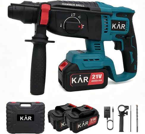 21V Brushless Rotary Hammer SDS-Plus – 3-in-1 Concrete Drill, Demolition & Impact Drill, 4500 BPM, 26mm Max Drilling Capacity, 2x 4000mAh Batteries in Kuwait