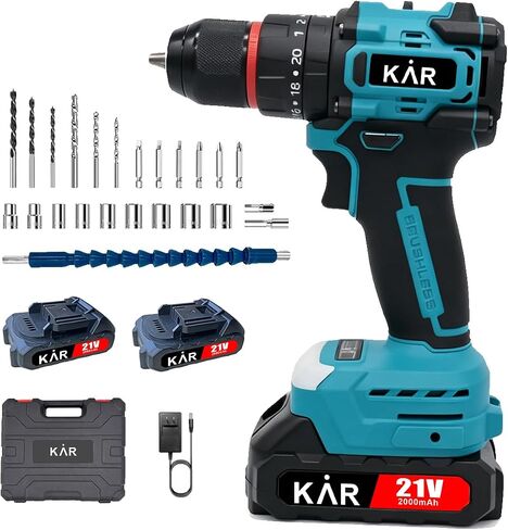 Karramlili 21V Brushless Drill Drivers – 2-Speed 450/1550 RPM, 20+1 Torque Settings, 3/8" Metal Keyless Chuck with Auto-Lock, 2×2000mAh Batteries, LED Light, for Wood, Ceramic, Tile & Screwdriving in Kuwait