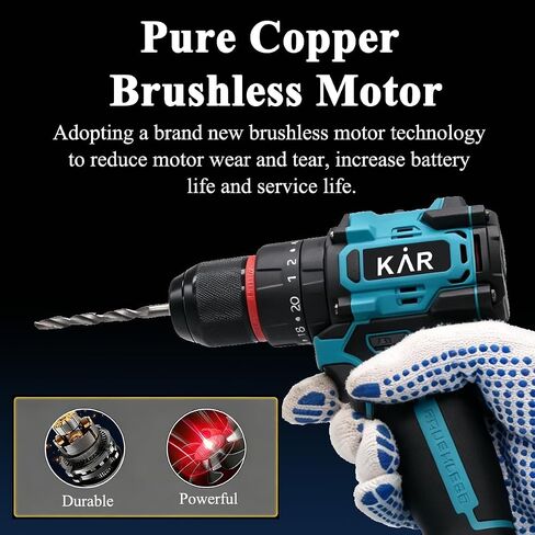 Karramlili 21V Brushless Drill Drivers – 2-Speed 450/1550 RPM, 20+1 Torque Settings, 3/8" Metal Keyless Chuck with Auto-Lock, 2×2000mAh Batteries, LED Light, for Wood, Ceramic, Tile & Screwdriving in Kuwait
