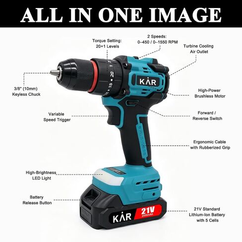 Karramlili 21V Brushless Drill Drivers – 2-Speed 450/1550 RPM, 20+1 Torque Settings, 3/8" Metal Keyless Chuck with Auto-Lock, 2×2000mAh Batteries, LED Light, for Wood, Ceramic, Tile & Screwdriving in Kuwait