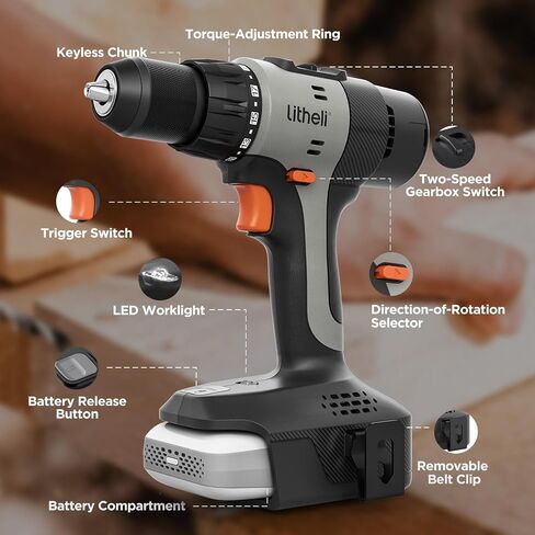 Litheli 20V Cordless Drill Driver Set, Electric Power Drill with 2 Variable Speed Settings, 1/2 Inch Keyless Chuck, 21+1 Clutch Settings with Maximum Torque of 443 In-lbs in Kuwait