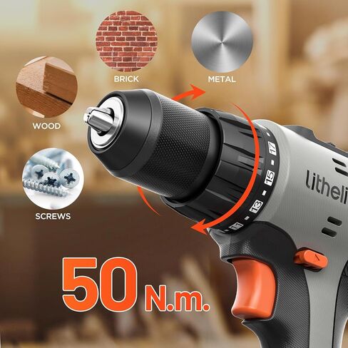 Litheli 20V Cordless Drill Driver Set, Electric Power Drill with 2 Variable Speed Settings, 1/2 Inch Keyless Chuck, 21+1 Clutch Settings with Maximum Torque of 443 In-lbs in Kuwait