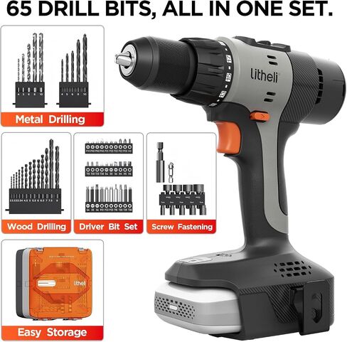 Litheli 20V Cordless Drill Driver Set, Electric Power Drill with 2 Variable Speed Settings, 1/2 Inch Keyless Chuck, 21+1 Clutch Settings with Maximum Torque of 443 In-lbs in Kuwait