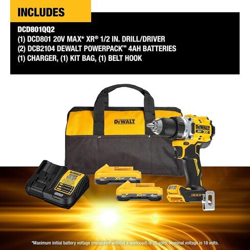 DEWALT 20V MAX XR Brushless Cordless 1/2 in. Drill Driver Kit With DEWALT POWERPACK Batteries and Charger (DCD801QQ2) (Renewed) in Kuwait