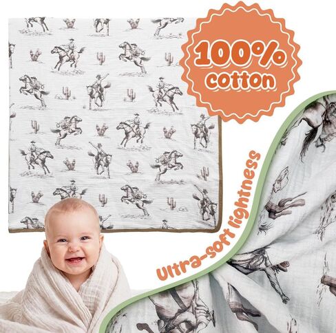 Western Muslin Baby Blankets for Boys Girls, 100% Cotton Crib Blanket for Infant Toddler, 40"x36" Super Soft Lightweight Nursery Swaddling Wrap, Cowboy Reversible & Breathable Bedding Blankets in Kuwait