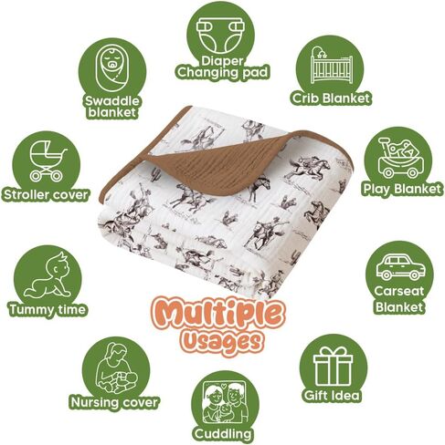 Western Muslin Baby Blankets for Boys Girls, 100% Cotton Crib Blanket for Infant Toddler, 40"x36" Super Soft Lightweight Nursery Swaddling Wrap, Cowboy Reversible & Breathable Bedding Blankets in Kuwait