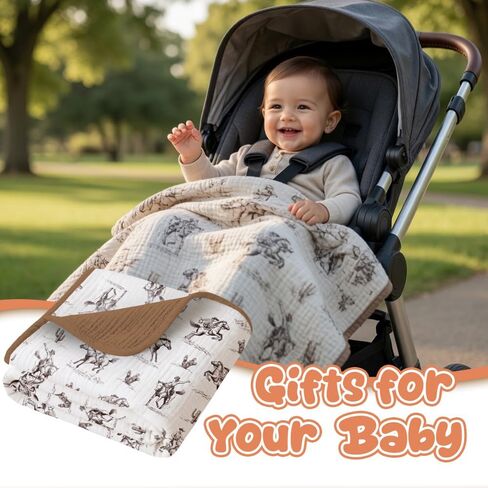 Western Muslin Baby Blankets for Boys Girls, 100% Cotton Crib Blanket for Infant Toddler, 40"x36" Super Soft Lightweight Nursery Swaddling Wrap, Cowboy Reversible & Breathable Bedding Blankets in Kuwait