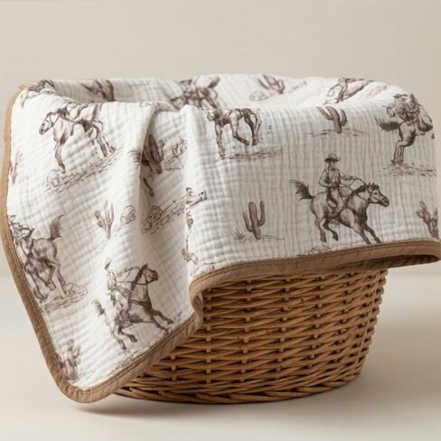 Western Muslin Baby Blankets for Boys Girls, 100% Cotton Crib Blanket for Infant Toddler, 40"x36" Super Soft Lightweight Nursery Swaddling Wrap, Cowboy Reversible & Breathable Bedding Blankets in Kuwait