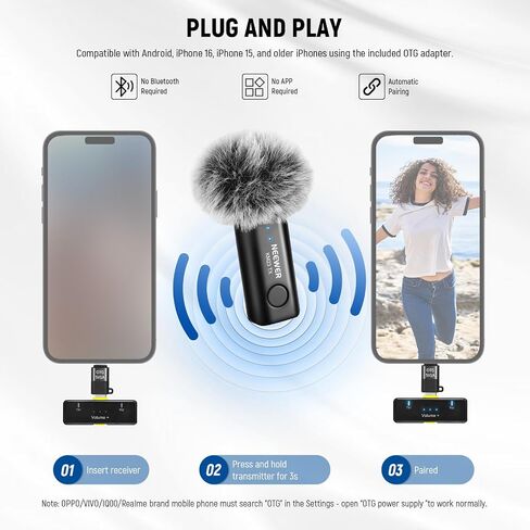 NEEWER Wireless Lavalier Microphone System for USB C, Compatible with iPhone 16 15 Samsung Android Phones, Noise Cancelling Mini Lav Omnidirectional Condenser Mic for Vlogging Live Streaming, KM23 in Kuwait
