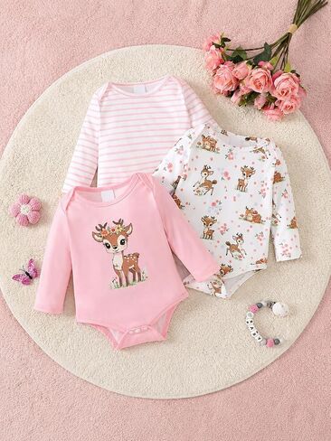 Baby Girl Bodysuit Set Long Sleeve Deer Print Striped Solid Snap Closure 3PCS Infant Clothes in Kuwait
