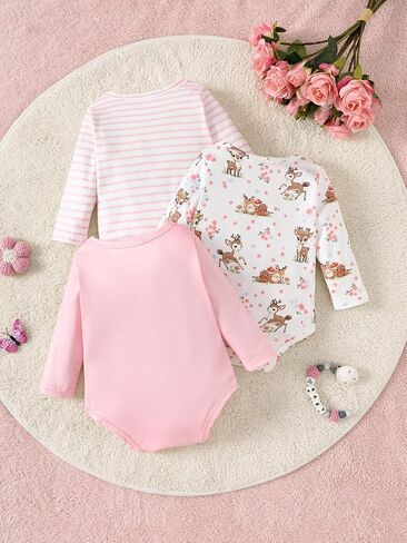 Baby Girl Bodysuit Set Long Sleeve Deer Print Striped Solid Snap Closure 3PCS Infant Clothes in Kuwait