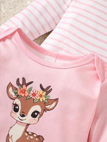 Baby Girl Bodysuit Set Long Sleeve Deer Print Striped Solid Snap Closure 3PCS Infant Clothes in Kuwait