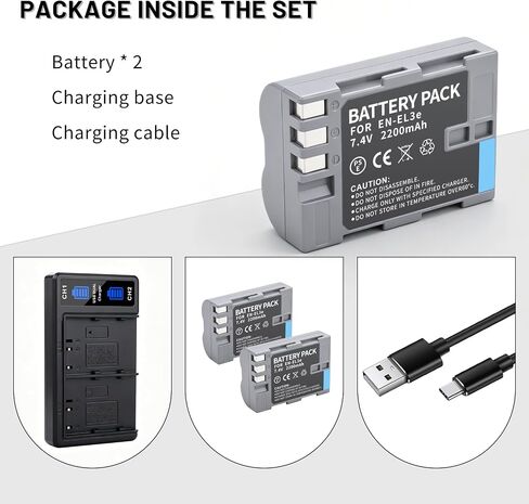 2-Pack EN-EL3e Battery with Dual Charger for Nikon D50 D70 D70s D80 D90 | D100 D200 D300 D300S D700 Digital SLR Cameras 2200mAh in Kuwait