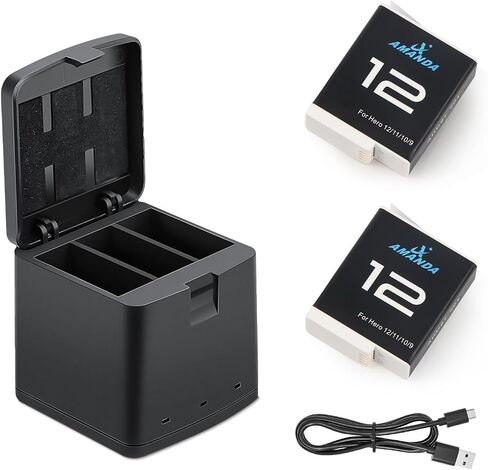 2 Packs 1800mAh Batteries for Hero 12/9/10/11 Black | with 3 Channel Battery Charging Station, Compatible with Hero 9/10/11/12 Black Camera-Type-C Quick Charge in Kuwait