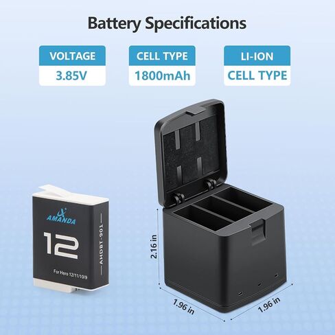 2 Packs 1800mAh Batteries for Hero 12/9/10/11 Black | with 3 Channel Battery Charging Station, Compatible with Hero 9/10/11/12 Black Camera-Type-C Quick Charge in Kuwait
