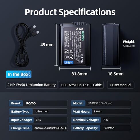 llano 1080mAh NP-FW50 Battery with USB-C Fast Charging for Sony A6000 A6400 zv-e10 A7ii A6100 A6500 A6300 A7 A7II A7R A7RII A7S A5000 A5100 - Fully decoded,Real Capacity,Replacement Batteries (2 Pack) in Kuwait