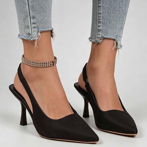 Satin Slingback Stiletto Heels for Women - Pointed Toe High Heel Pumps, Comfortable Office & Formal Dress Shoes in Kuwait