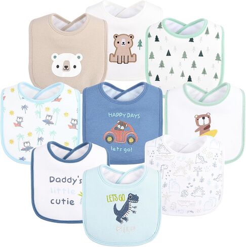 9 Pack Baby Bibs for Drooling and Teething Thick Absorbent Bibs Soft Quilted 3 Layer Hook and Loop Embroidered in Kuwait