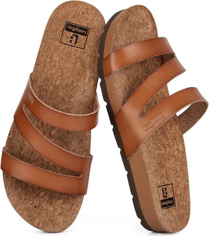 LongBay Women's Flat Sandals Casual Strappy Slides with Arch Support Non-Slip Comfortable Lightweight Walking Sandals for Summer Beach Vacation Light Brown, US8 in Kuwait