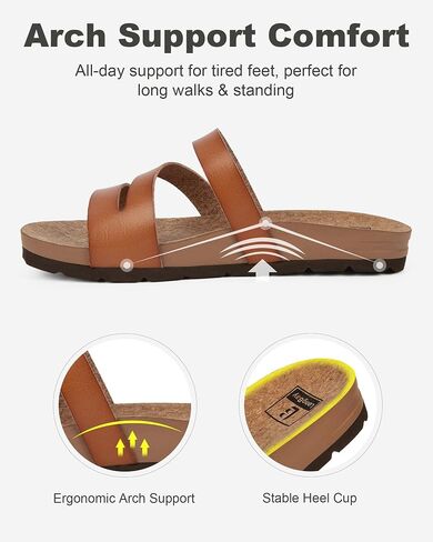 LongBay Women's Flat Sandals Casual Strappy Slides with Arch Support Non-Slip Comfortable Lightweight Walking Sandals for Summer Beach Vacation Light Brown, US8 in Kuwait