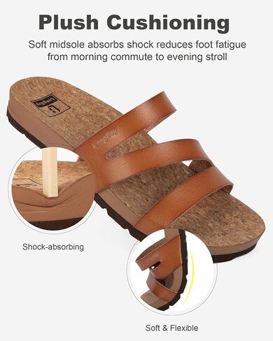 LongBay Women's Flat Sandals Casual Strappy Slides with Arch Support Non-Slip Comfortable Lightweight Walking Sandals for Summer Beach Vacation Light Brown, US8 in Kuwait