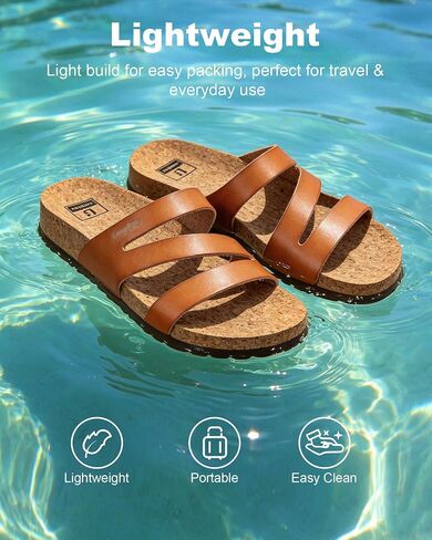 LongBay Women's Flat Sandals Casual Strappy Slides with Arch Support Non-Slip Comfortable Lightweight Walking Sandals for Summer Beach Vacation Light Brown, US8 in Kuwait