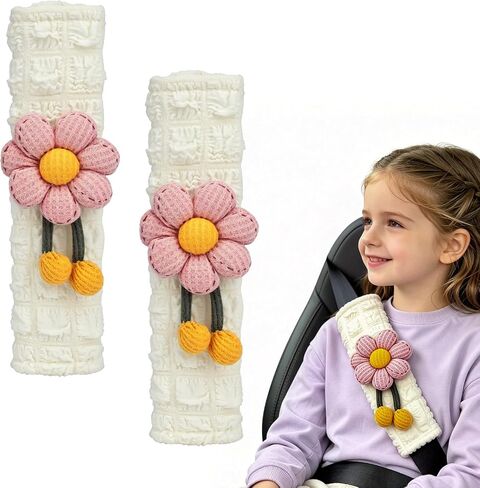 Cute Pink Flower Seat Belt Cover Pads for Women Girls — Soft Plush Seatbelt Cushion, Fun Car Accessories in Saudi Arabia