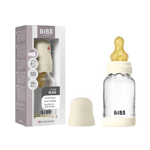 BIBS Boheme Glass Baby Bottle, 120 ml, 1-Pack, Natural Rubber Nipple, Ivory | Anti-Colic | Natural Rubber Latex Nipple | Slow Flow | Supports Breastfeeding | Made in Denmark | Familiar BIBS Nipple in Kuwait