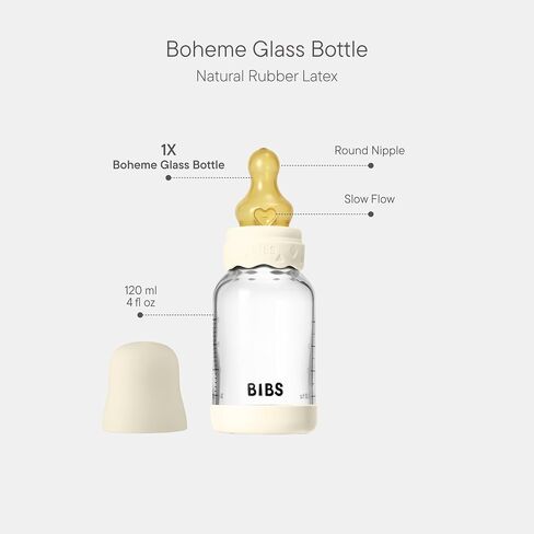 BIBS Boheme Glass Baby Bottle, 120 ml, 1-Pack, Natural Rubber Nipple, Ivory | Anti-Colic | Natural Rubber Latex Nipple | Slow Flow | Supports Breastfeeding | Made in Denmark | Familiar BIBS Nipple in Kuwait