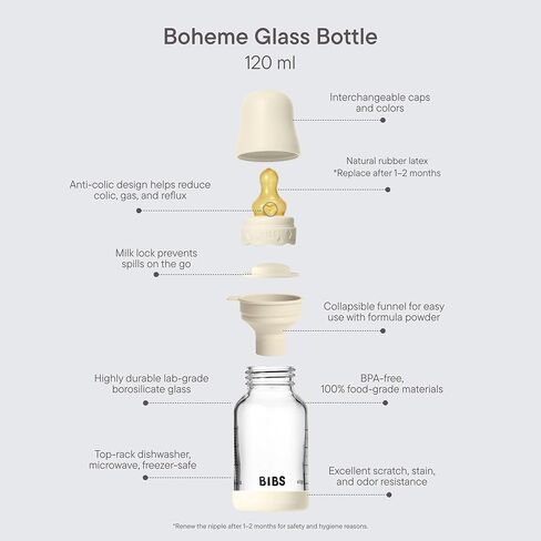 BIBS Boheme Glass Baby Bottle, 120 ml, 1-Pack, Natural Rubber Nipple, Ivory | Anti-Colic | Natural Rubber Latex Nipple | Slow Flow | Supports Breastfeeding | Made in Denmark | Familiar BIBS Nipple in Kuwait