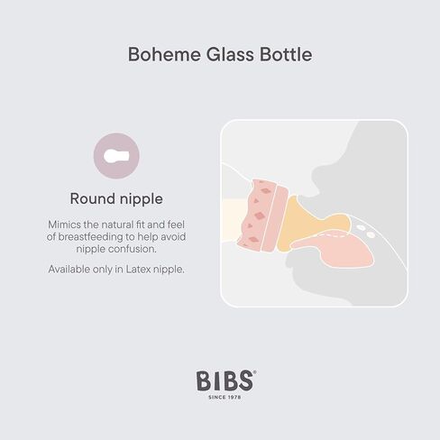 BIBS Boheme Glass Baby Bottle, 120 ml, 1-Pack, Natural Rubber Nipple, Ivory | Anti-Colic | Natural Rubber Latex Nipple | Slow Flow | Supports Breastfeeding | Made in Denmark | Familiar BIBS Nipple in Kuwait