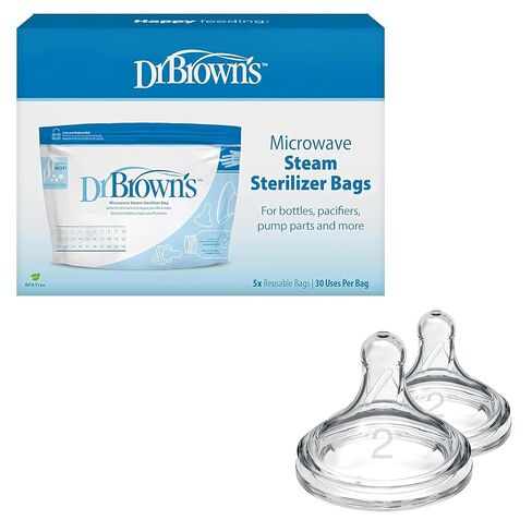 Dr. Brown's Microwave Steam Sterilizer Bags for Baby Bottles, Pacifiers, Pump Parts and Accessories, 5-Pack + Dr. Brown's Natural Flow Level 2 Wide-Neck Baby Bottle Silicone Nipple, 2 Count in Kuwait
