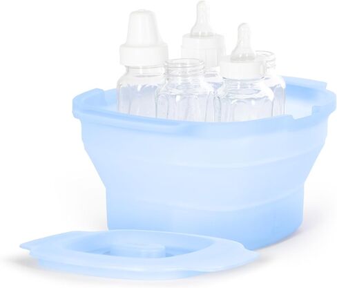 Ubbi 3-in-1 Collapsible Microwave Baby Bottle Sterilizer Wash Bin, Blue | Veggie Steamer, Reusable Silicone Steam Bag for Travel or Home Use, Fits Up to 5 Baby Bottles, Dishwasher Safe in Kuwait