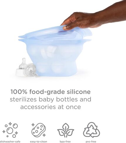 Ubbi 3-in-1 Collapsible Microwave Baby Bottle Sterilizer Wash Bin, Blue | Veggie Steamer, Reusable Silicone Steam Bag for Travel or Home Use, Fits Up to 5 Baby Bottles, Dishwasher Safe in Kuwait