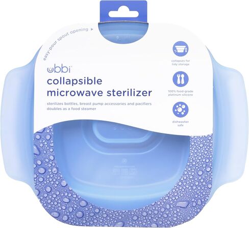 Ubbi 3-in-1 Collapsible Microwave Baby Bottle Sterilizer Wash Bin, Blue | Veggie Steamer, Reusable Silicone Steam Bag for Travel or Home Use, Fits Up to 5 Baby Bottles, Dishwasher Safe in Kuwait