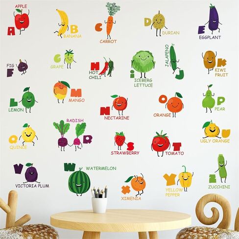 Fruit & Vegetable Alphabet Wall Decals for Kids - 2 Sheets Letter ABC Learning Educational Stickers with Food Illustrations, Removable Decor for Toddlers Classroom Playroom Bedroom Wall Decorations in Kuwait