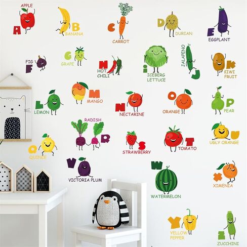 Fruit & Vegetable Alphabet Wall Decals for Kids - 2 Sheets Letter ABC Learning Educational Stickers with Food Illustrations, Removable Decor for Toddlers Classroom Playroom Bedroom Wall Decorations in Kuwait
