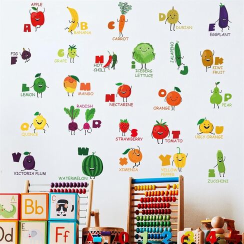 Fruit & Vegetable Alphabet Wall Decals for Kids - 2 Sheets Letter ABC Learning Educational Stickers with Food Illustrations, Removable Decor for Toddlers Classroom Playroom Bedroom Wall Decorations in Kuwait