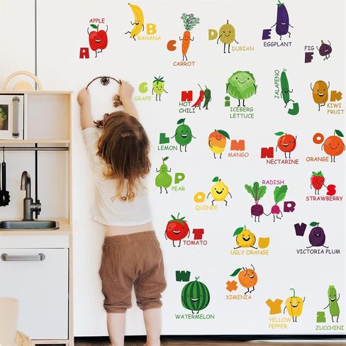 Fruit & Vegetable Alphabet Wall Decals for Kids - 2 Sheets Letter ABC Learning Educational Stickers with Food Illustrations, Removable Decor for Toddlers Classroom Playroom Bedroom Wall Decorations in Kuwait