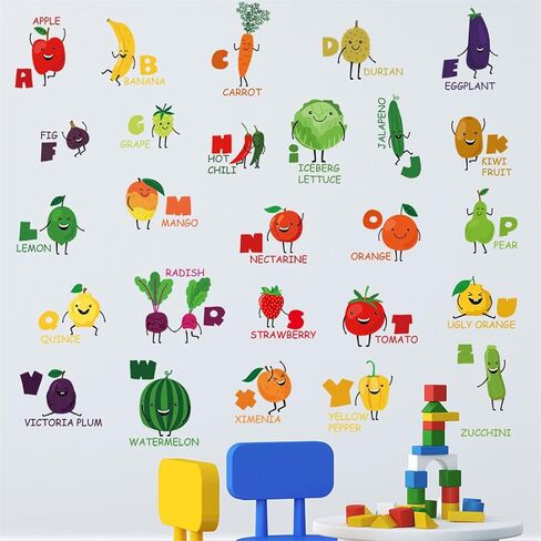 Fruit & Vegetable Alphabet Wall Decals for Kids - 2 Sheets Letter ABC Learning Educational Stickers with Food Illustrations, Removable Decor for Toddlers Classroom Playroom Bedroom Wall Decorations in Kuwait